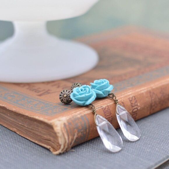 Turquoise Rose Earrings with Crystal Teardrops - Picture 2 of 5